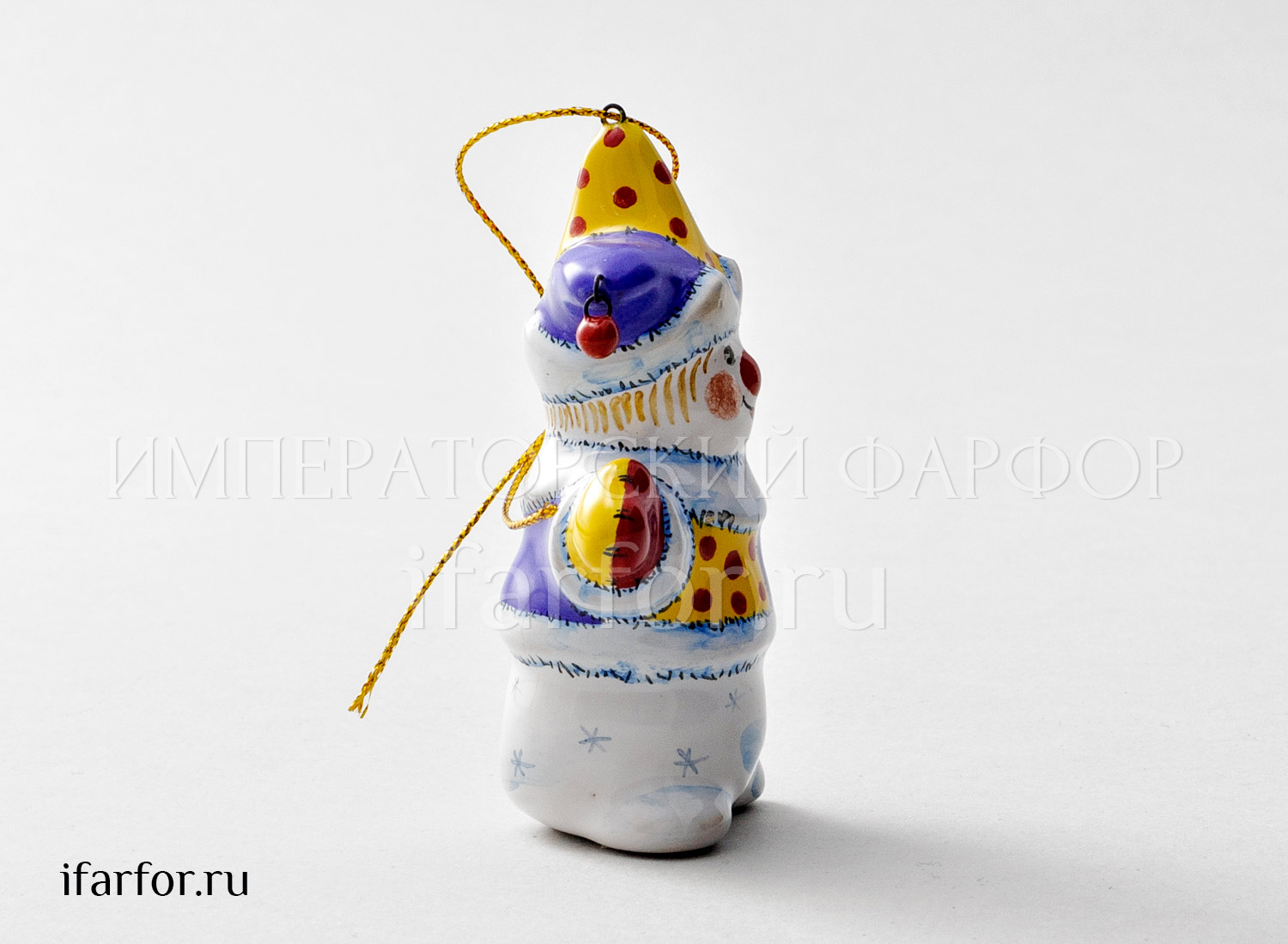 Елочная игрушка «Снеговик-скоморох» Форма: Снеговик-скоморох. Майолика. 35 x 60 x 86 мм.