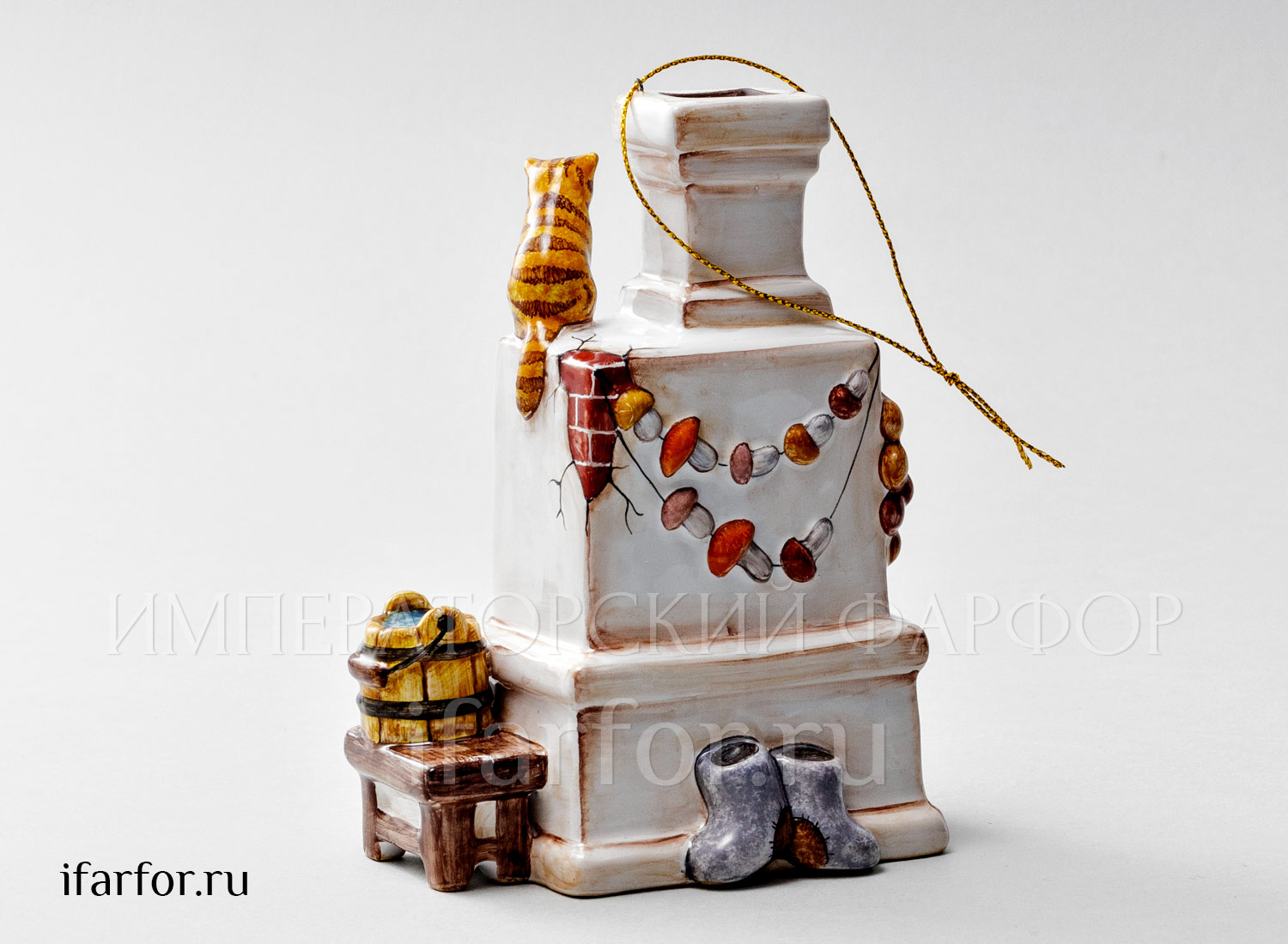 Елочная игрушка «Русская печь» Форма: Русская печь. Майолика. 105 x 135 мм.
