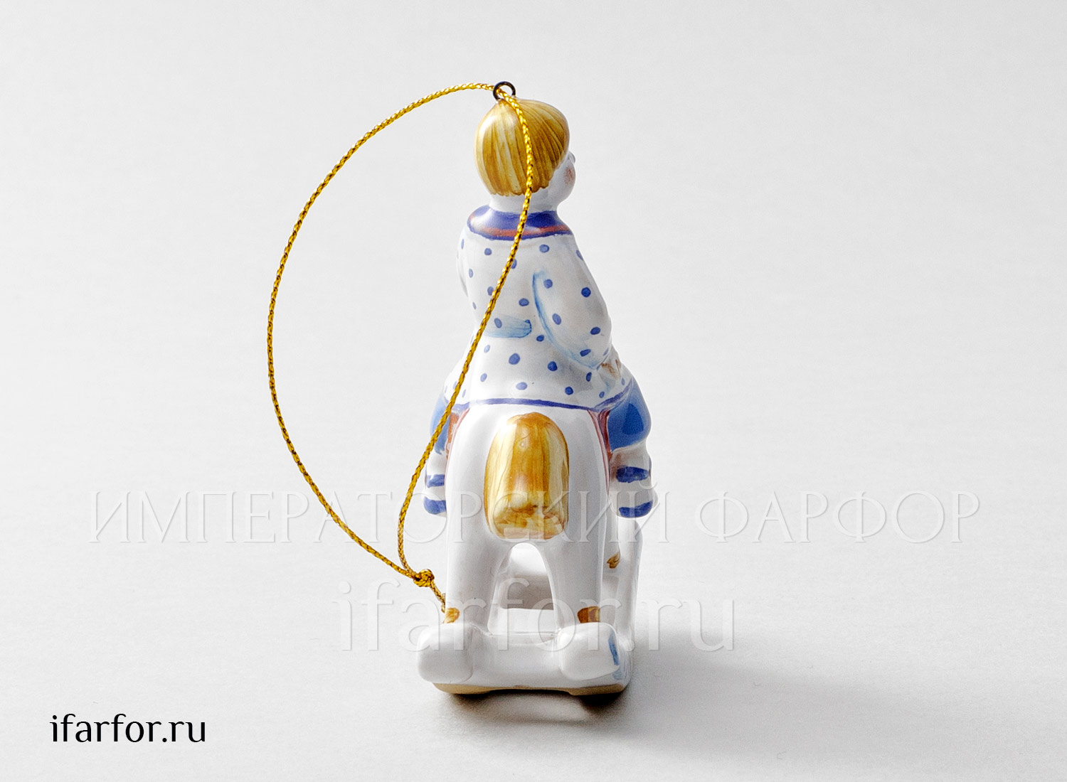 Елочная игрушка «Мальчик на лошадке» Форма: Мальчик на лошадке. Майолика. 85 x 95 мм.