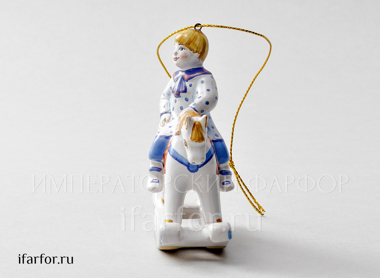 Елочная игрушка «Мальчик на лошадке» Форма: Мальчик на лошадке. Майолика. 85 x 95 мм.