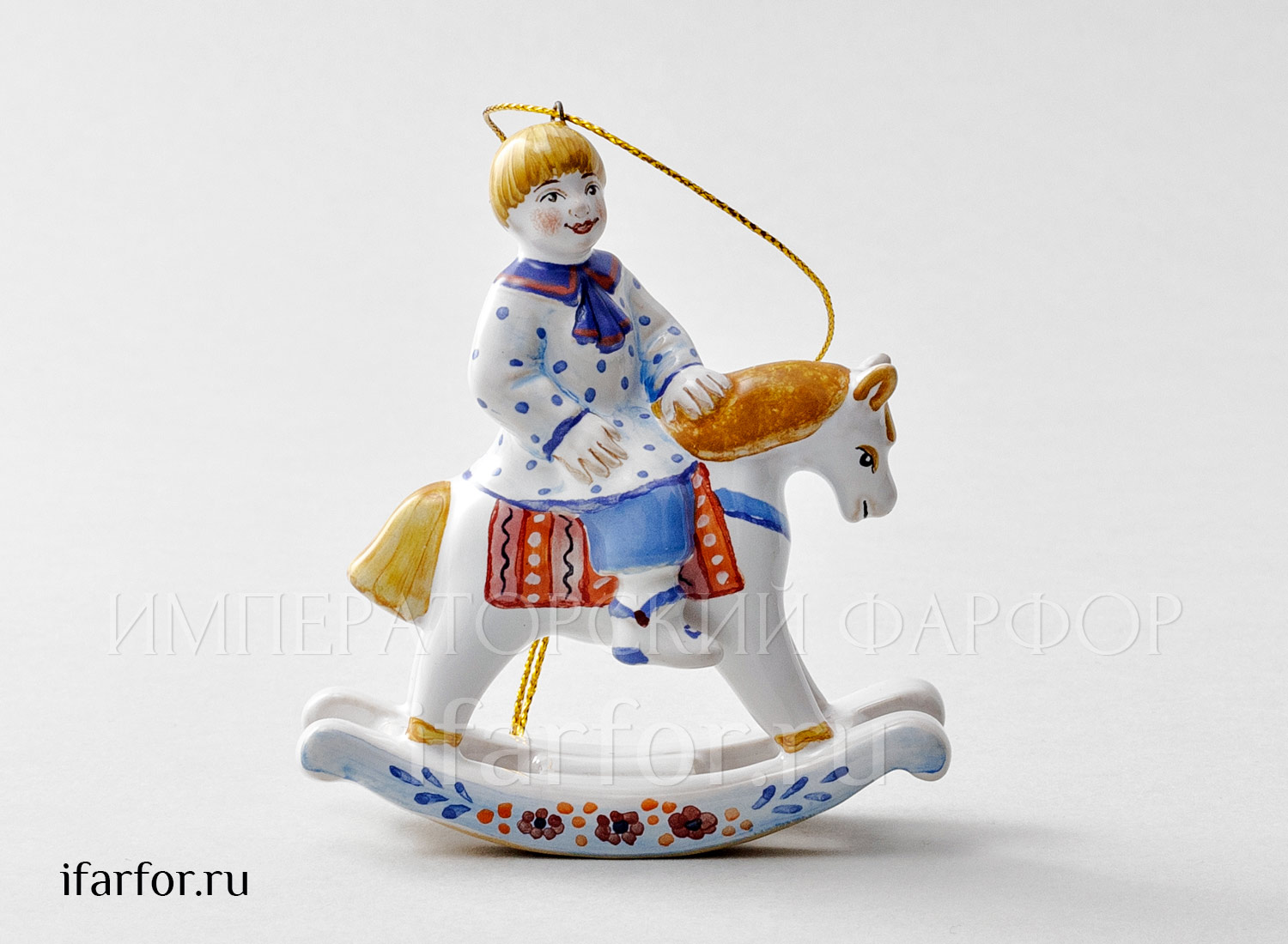 Елочная игрушка «Мальчик на лошадке» Форма: Мальчик на лошадке. Майолика. 85 x 95 мм.