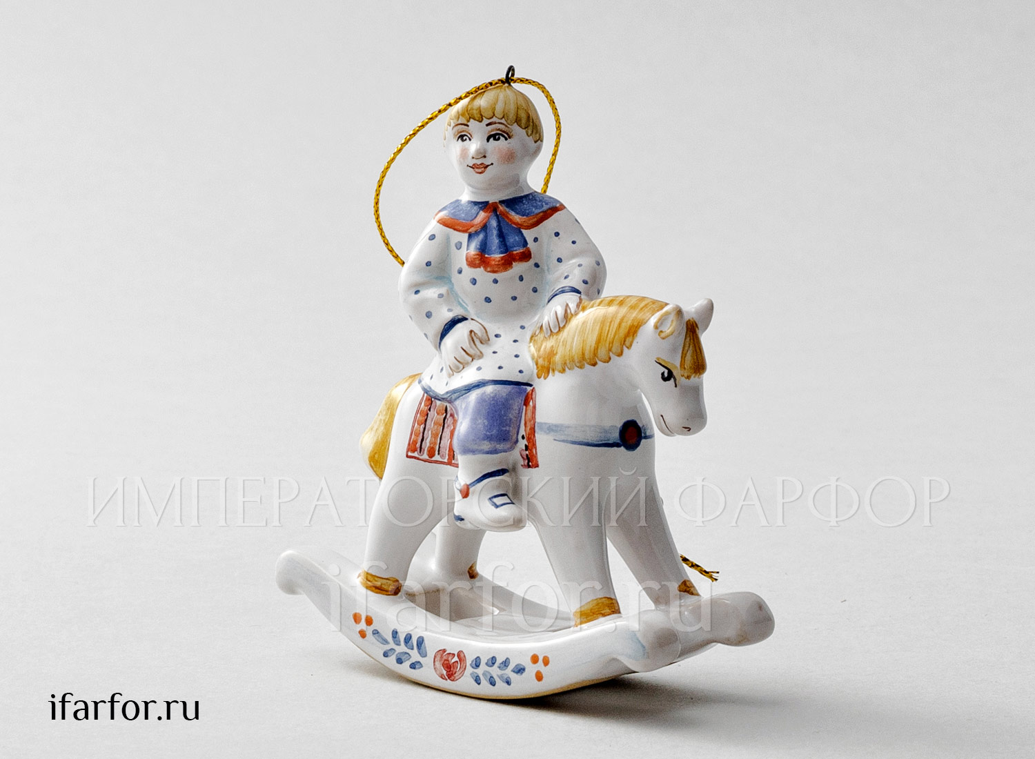 Елочная игрушка «Мальчик на лошадке» Форма: Мальчик на лошадке. Майолика. 85 x 95 мм.