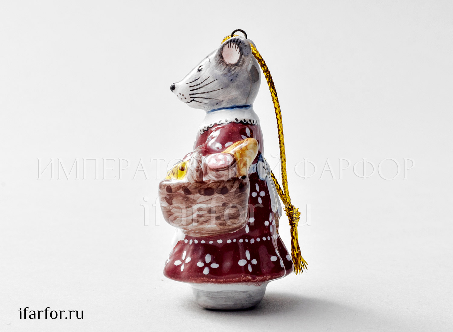 Елочная игрушка «Мышь-хозяюшка» Форма: Мышь-хозяюшка. Майолика. 50 x 70 мм.