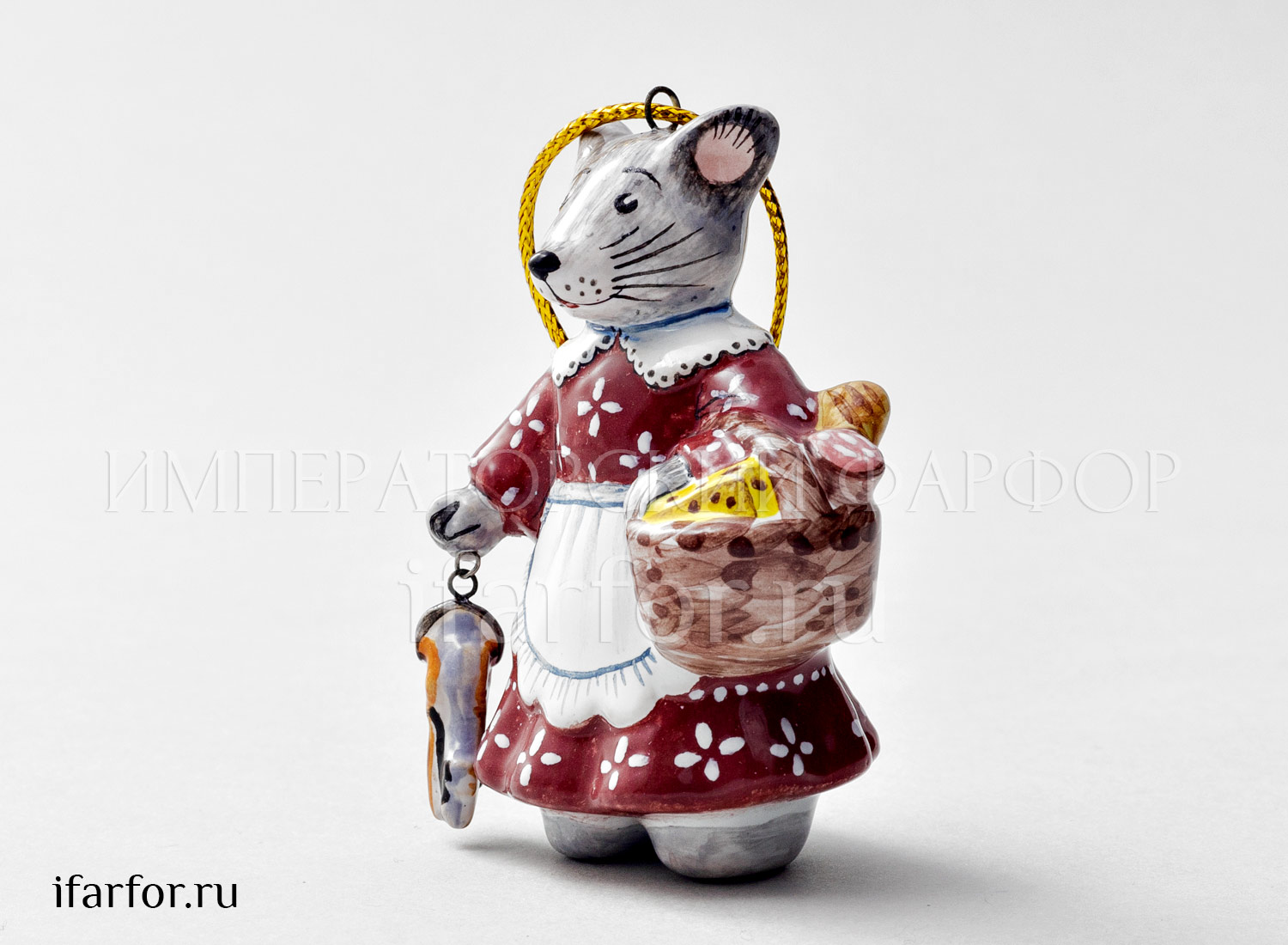 Елочная игрушка «Мышь-хозяюшка» Форма: Мышь-хозяюшка. Майолика. 50 x 70 мм.