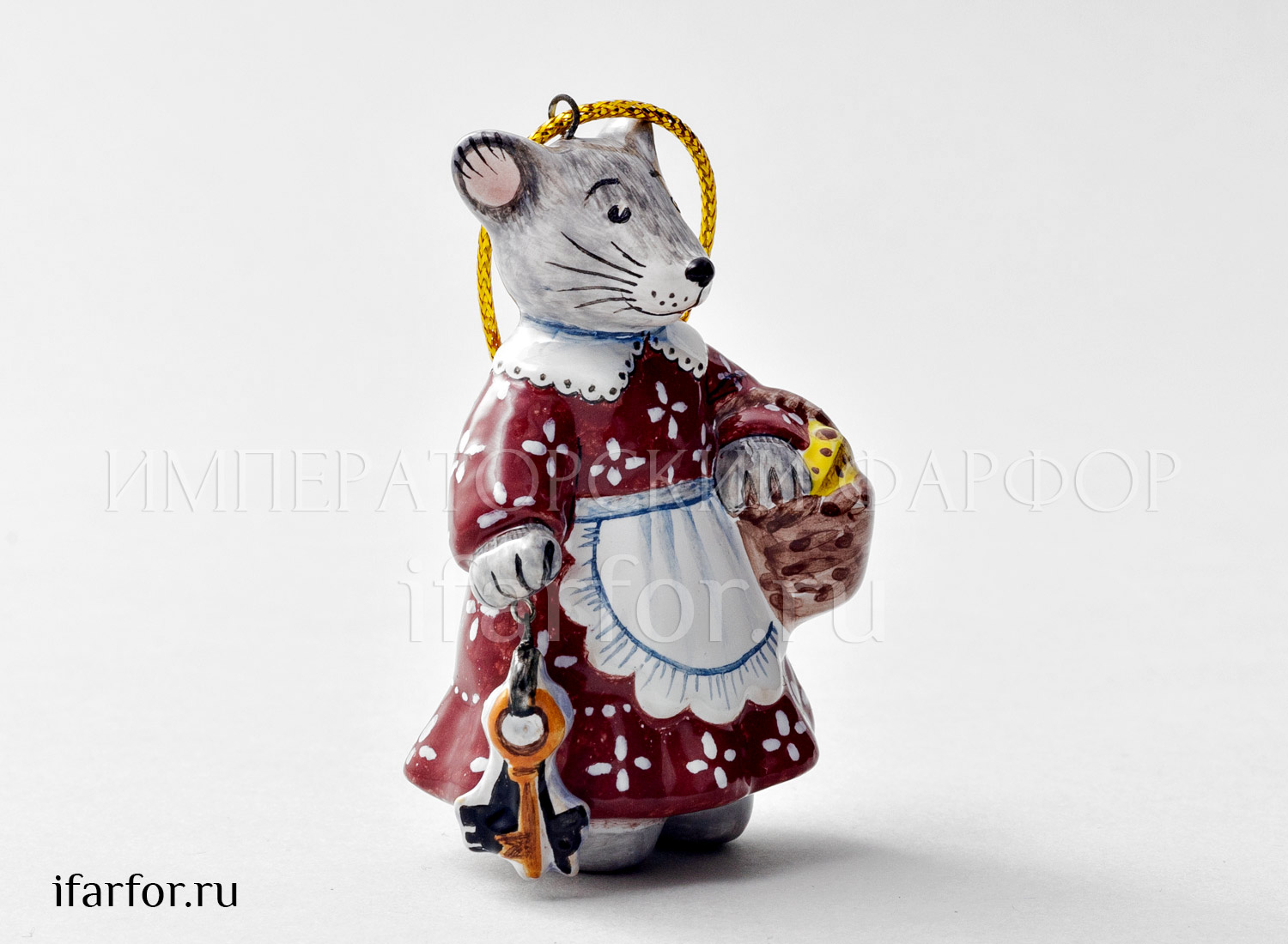Елочная игрушка «Мышь-хозяюшка» Форма: Мышь-хозяюшка. Майолика. 50 x 70 мм.