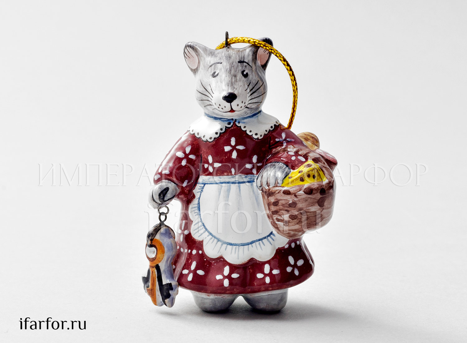 Елочная игрушка «Мышь-хозяюшка» Форма: Мышь-хозяюшка. Майолика. 50 x 70 мм.