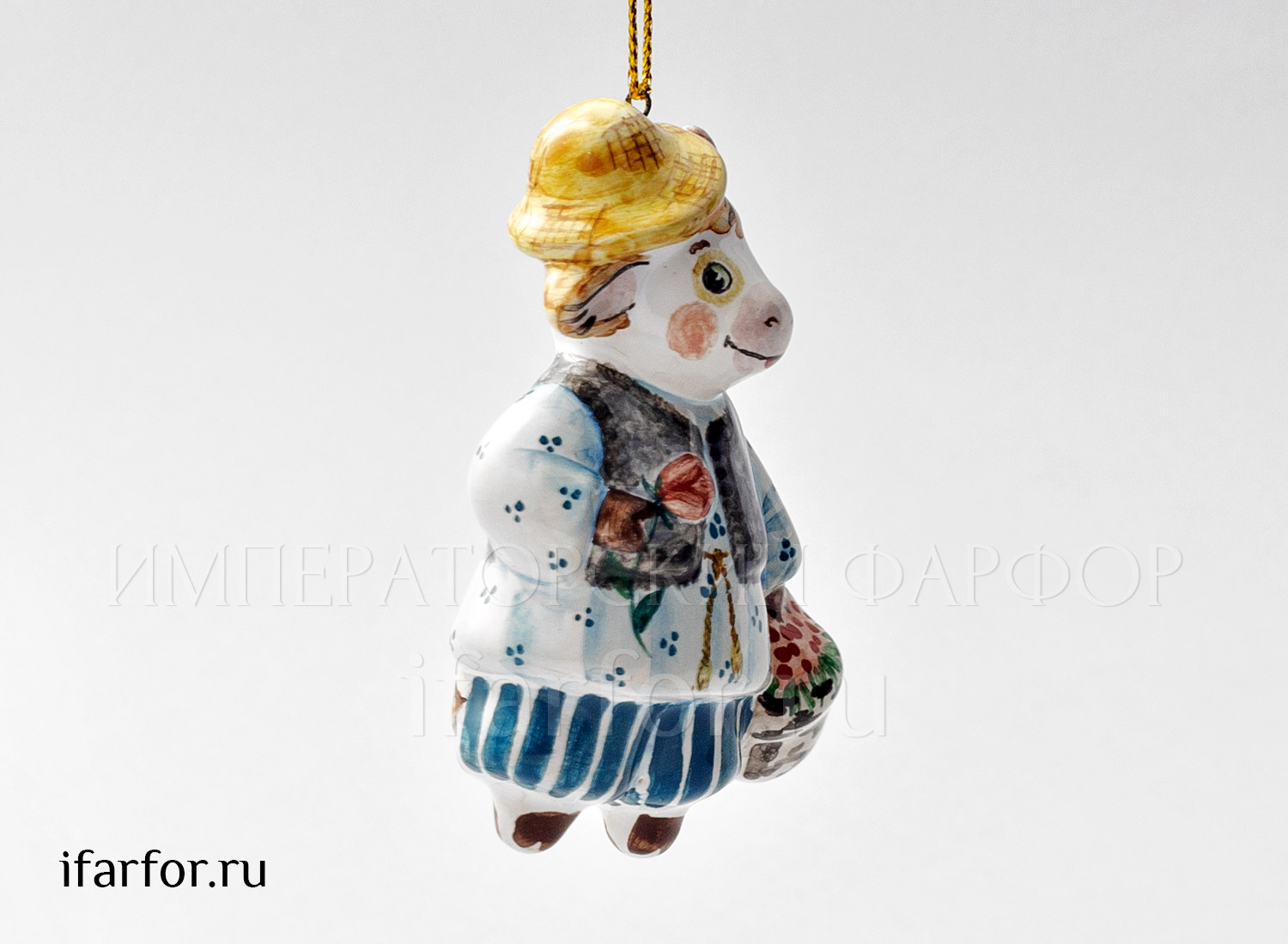 Елочная игрушка «Бычок с корзинкой» Форма: Бычок с корзинкой. Майолика. 48 x 75 мм.
