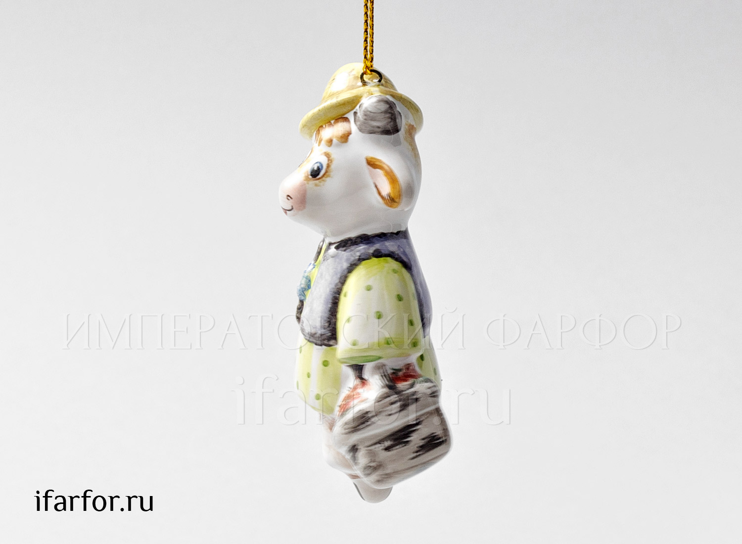 Елочная игрушка «Бычок с корзинкой» Форма: Бычок с корзинкой. Майолика. 48 x 75 мм.
