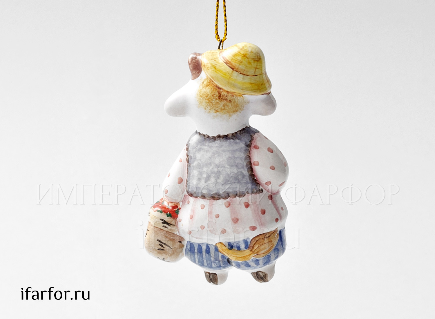 Елочная игрушка «Бычок с корзинкой» Форма: Бычок с корзинкой. Майолика. 48 x 75 мм.