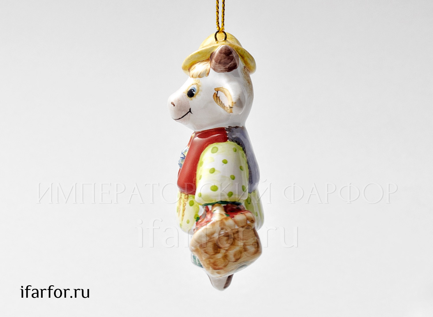 Елочная игрушка «Бычок с корзинкой» Форма: Бычок с корзинкой. Майолика. 48 x 75 мм.