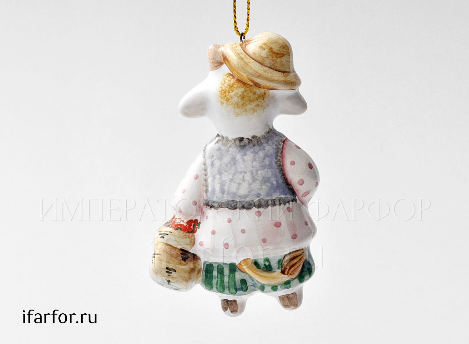 Елочная игрушка «Бычок с корзинкой» Форма: Бычок с корзинкой. Майолика. 48 x 75 мм.