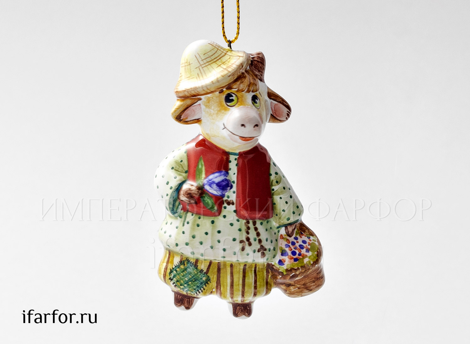 Елочная игрушка «Бычок с корзинкой» Форма: Бычок с корзинкой. Майолика. 48 x 75 мм.