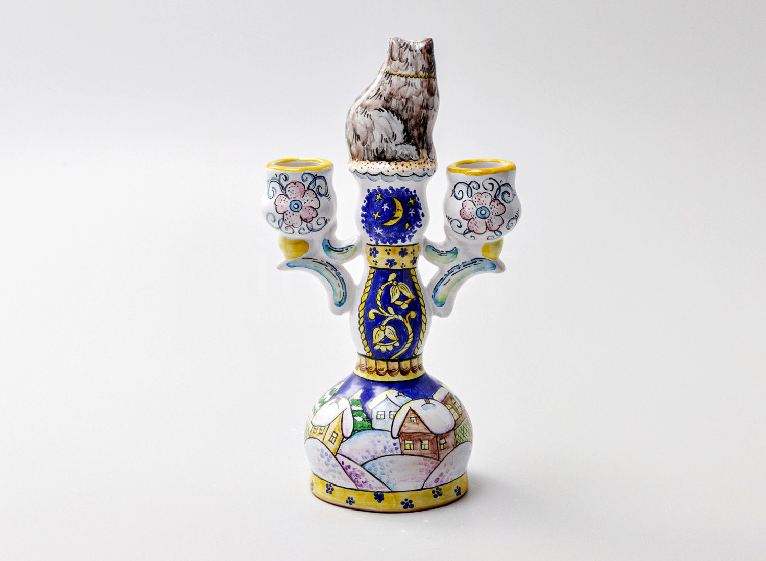 Подсвечник 2-х рожковый «Подсвечник с котом» Форма: Подсвечник с котом. Майолика. 123 x 205 мм.