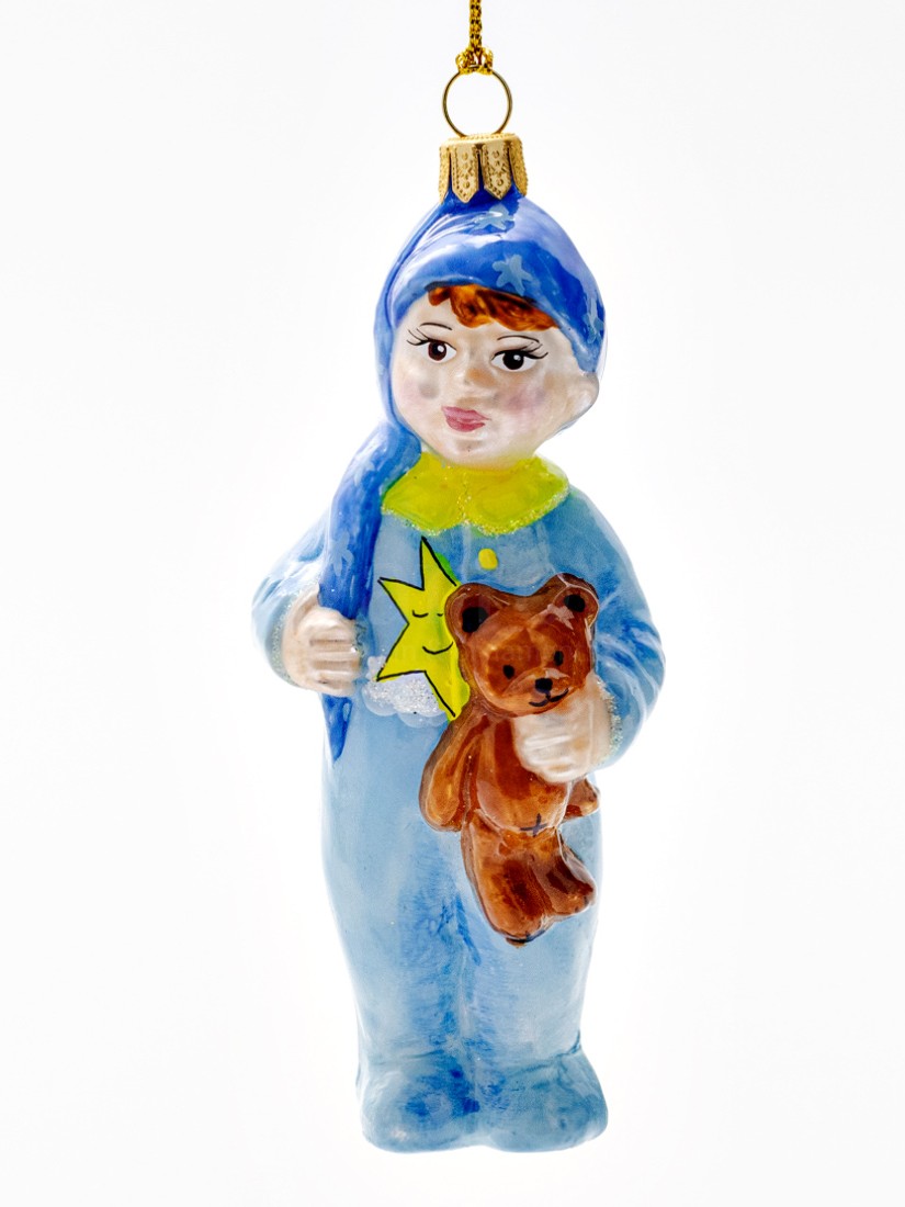 Елочная игрушка «Мальчик с плюшевым мишкой» Стекло. 55 x 130 мм.