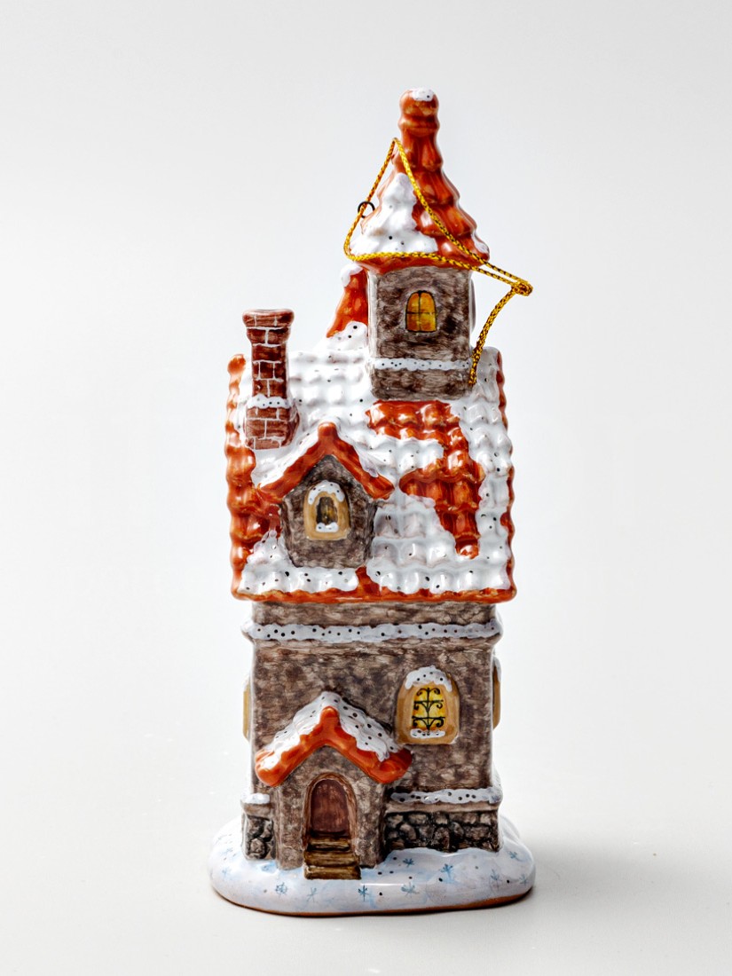 Елочная игрушка «Дом с фонарем» Форма: Дом с фонарем. Майолика. 80 x 170 мм.