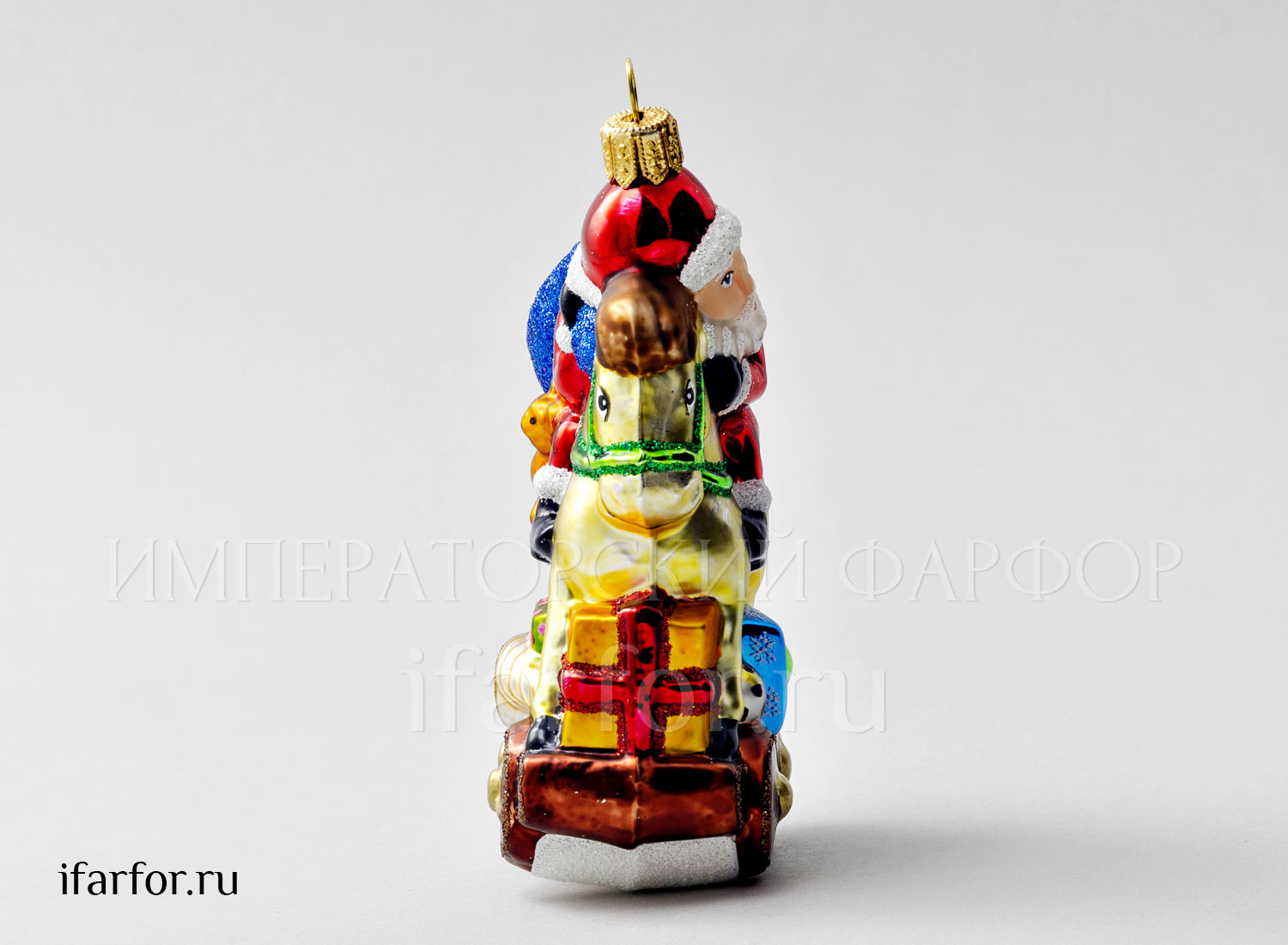 Елочная игрушка второй сорт «Дед Мороз на лошадке» Стекло. 120 мм.
