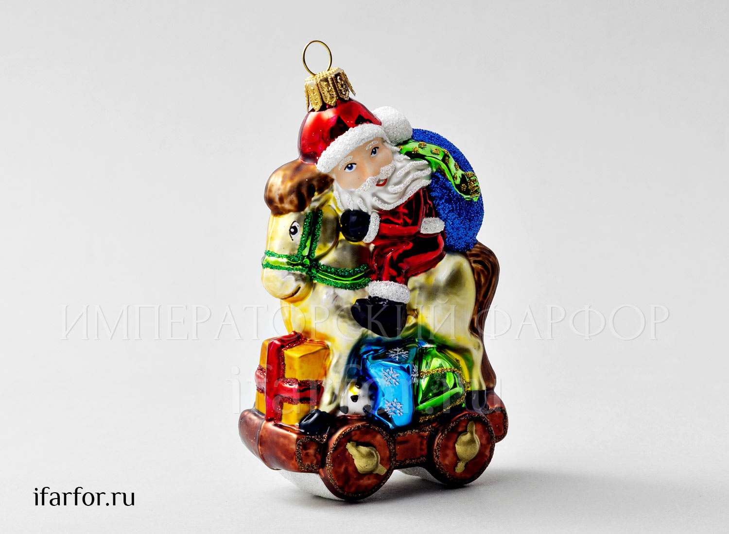 Елочная игрушка второй сорт «Дед Мороз на лошадке» Стекло. 120 мм.