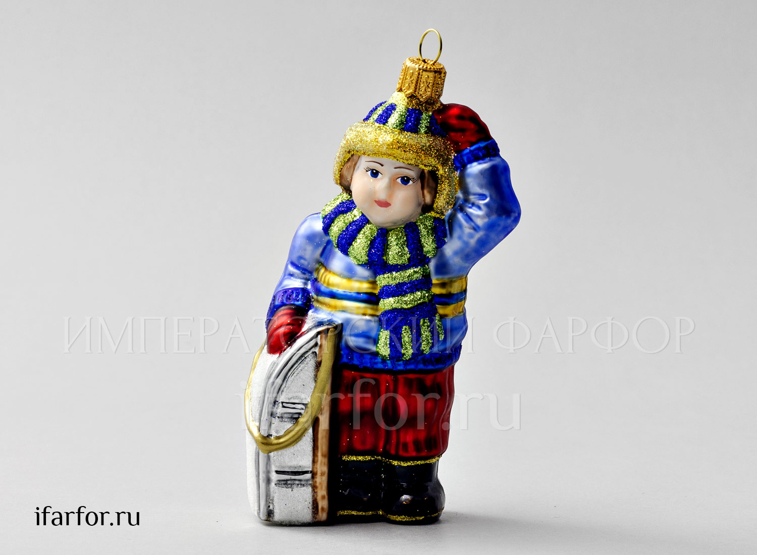 Елочная игрушка Кай Мальчик с санками 2 сорт