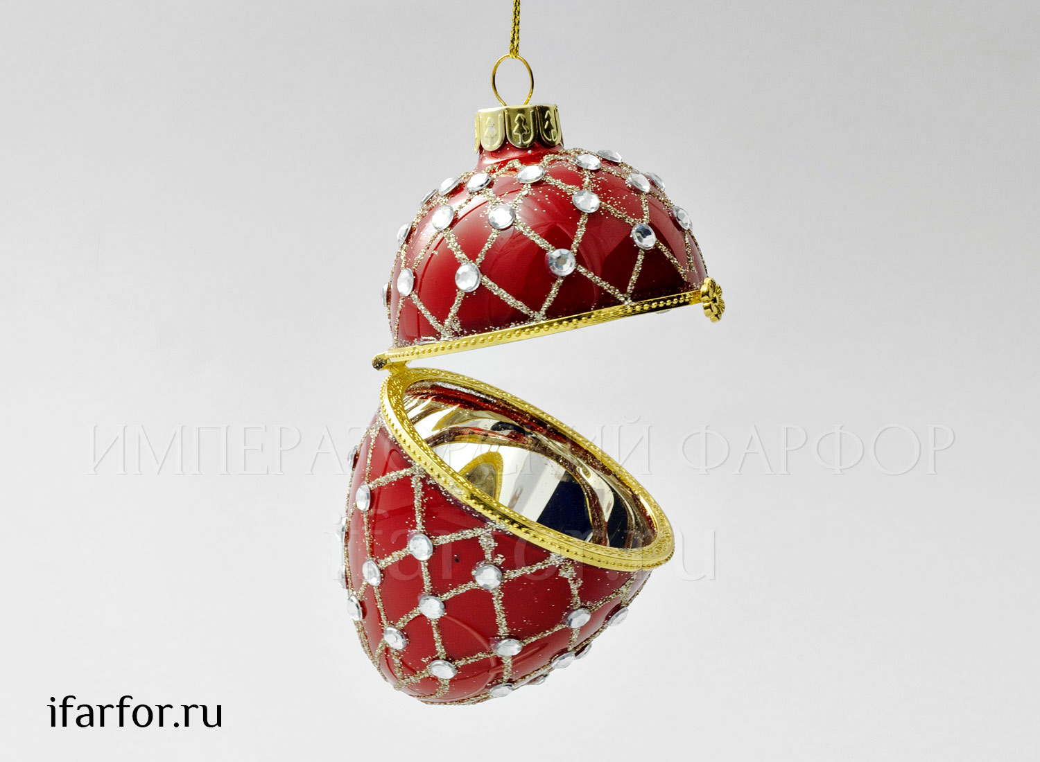 Елочная игрушка «Шкатулка Яйцо Фаберже» Форма: Шкатулка Яйцо Фаберже. Стекло, металл, ПВХ. 90 мм.