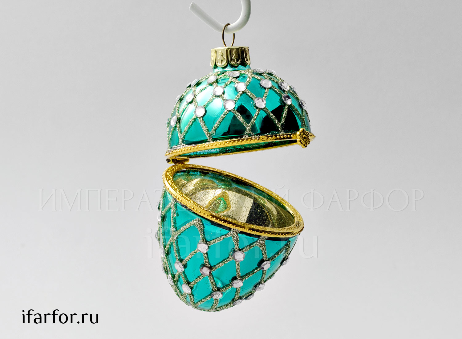 Елочная игрушка «Шкатулка Яйцо Фаберже» Форма: Шкатулка Яйцо Фаберже. Стекло, металл, ПВХ. 100 мм.