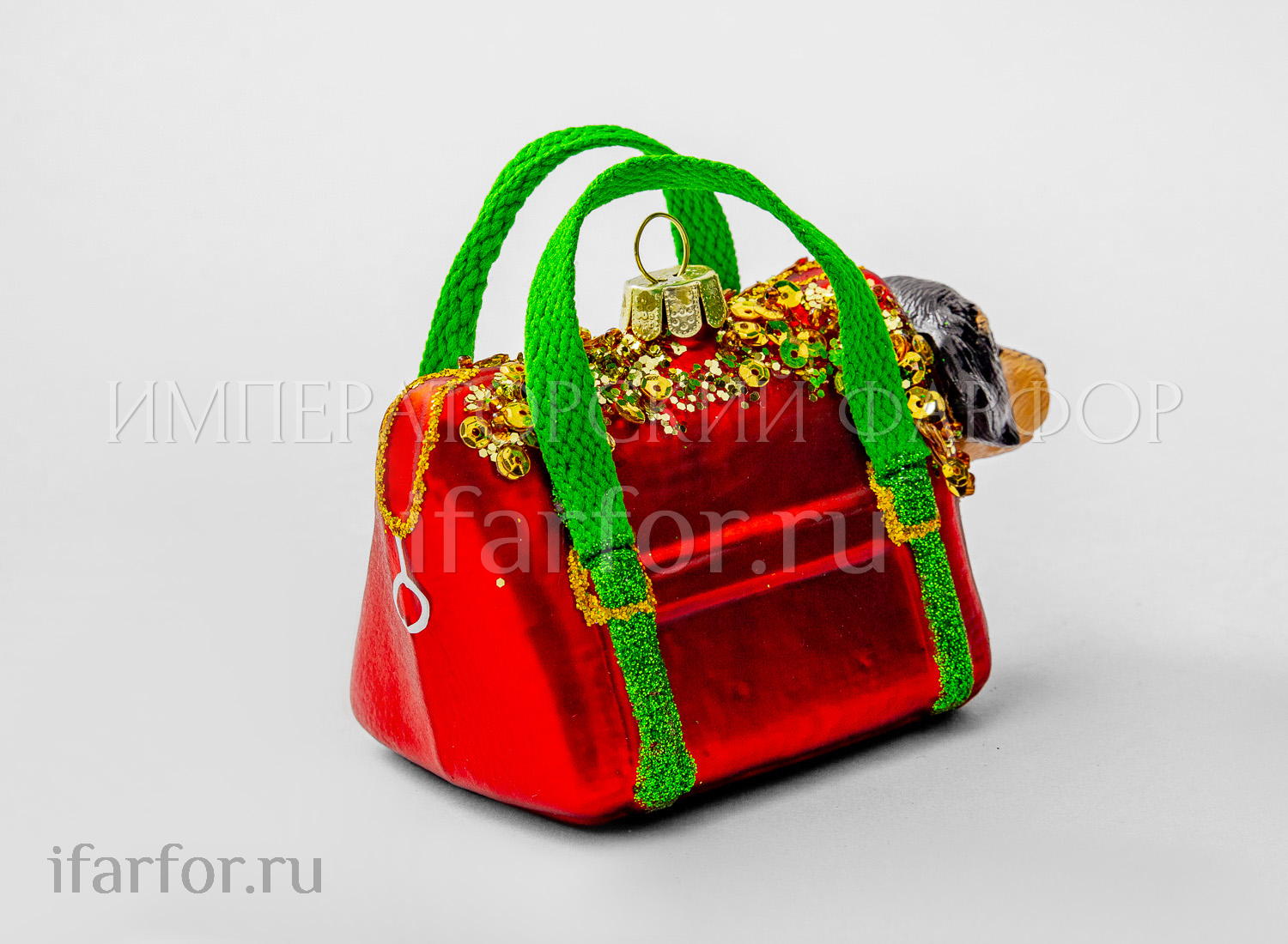 Елочная игрушка «Собачка в сумочке» Форма: Собачка в сумочке. Стекло, пластик. 110 мм.