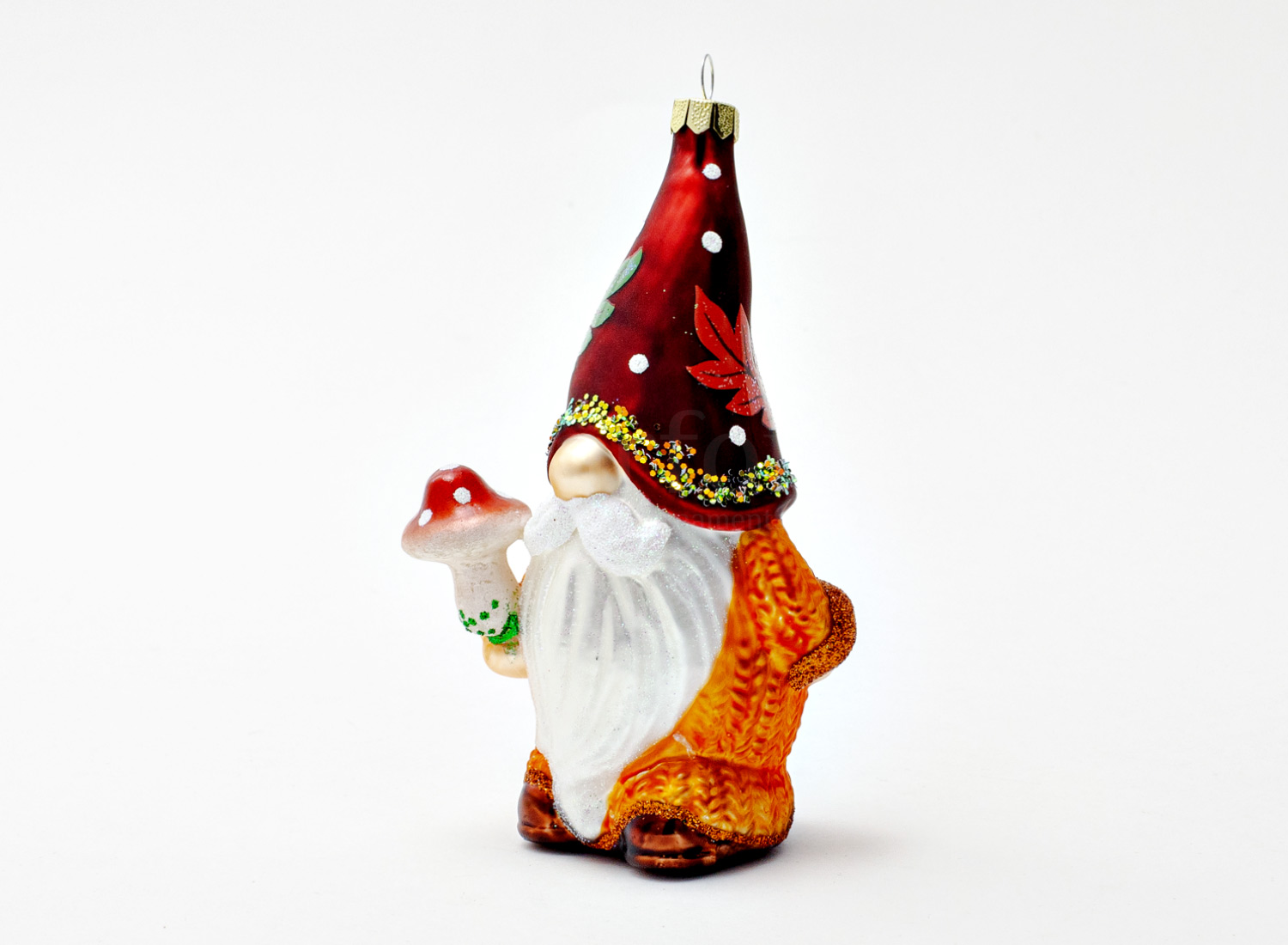 Елочная игрушка «Садовый гном с грибочком» Стекло. 70 x 140 мм.