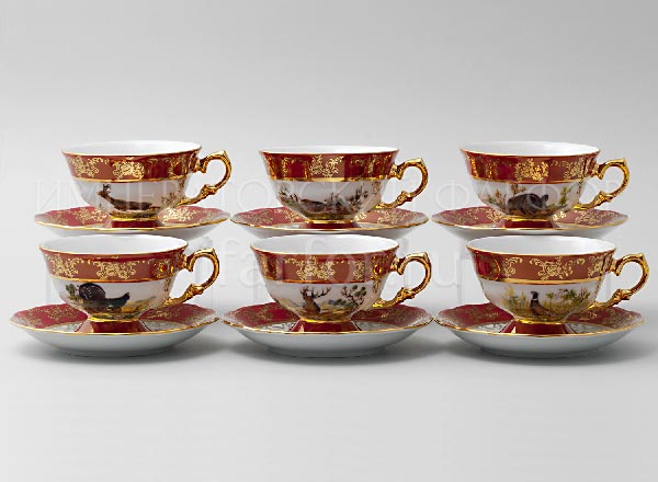 Набор чашек с блюдцами Охота Красная 6/12 SYKORA