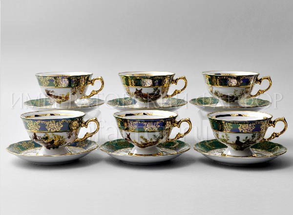 Set of caps and saucers Hunting Green 6/12 Crown