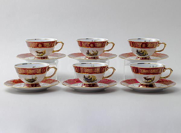 Набор чашек с блюдцами Охота Красная 6/12 Мария-Тереза