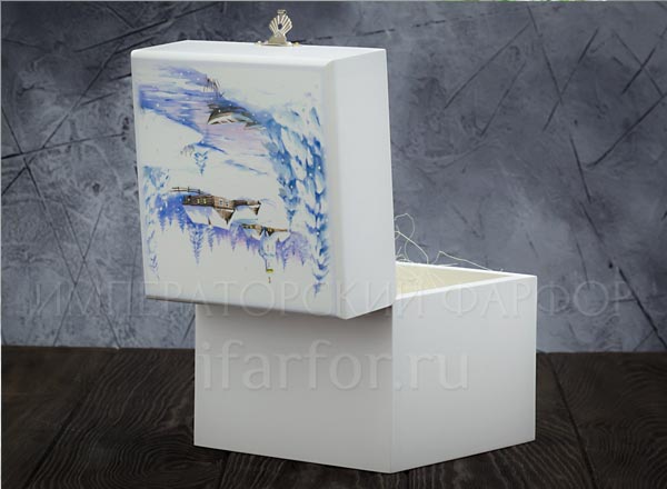Шкатулка на 1 шар для елочных игрушек Шкатулка белая с новогодним рисунком Шкатулка