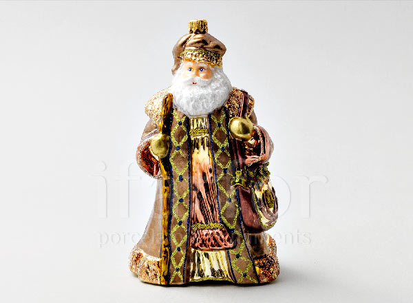 Елочная игрушка в подарочной коробке Дед Мороз с сумкой в шубе кофейного цвета