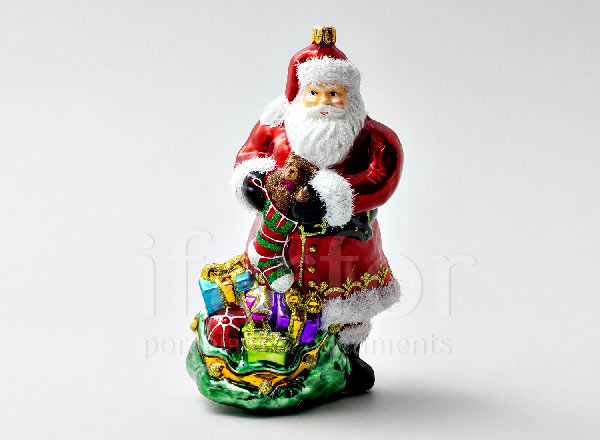 Елочная игрушка в подарочной коробке Дед Мороз с медвежонком и мешком