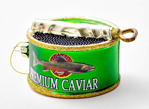 Елочная игрушка Зеленая банка с осетровой икрой