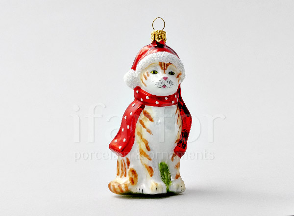 Елочная игрушка Котик рыженький в шапке Деда Мороза