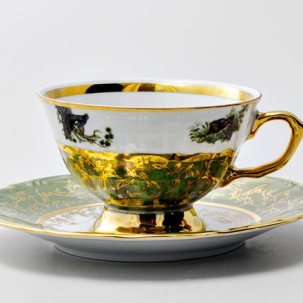 Чашка с блюдцем чайная второй сорт Охота Зеленая 1 1/2 STERNE PORCELAN 160 мм.