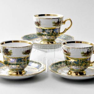 Набор чашек с блюдцами кофейный Охота Зеленая 6/12 STERNE PORCELAN 140 мл.