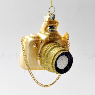 Елочная игрушка Ретро Техника. Фотоаппарат золотой 90 мм.