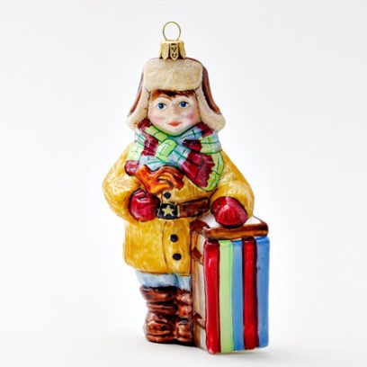 Елочная игрушка «Мальчик с санками» Стекло. 70 x 140 мм.