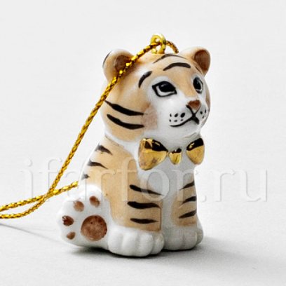 Елочная игрушка Тигренок с бантиком Рыжий