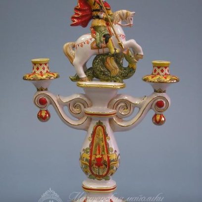Подсвечник «2-х рожковый с Георгием Победоносцем» Майолика. 495 x 250 мм.