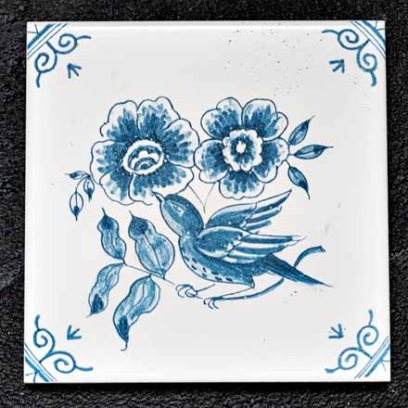 Изразец Голландский. Цветок с птичкой