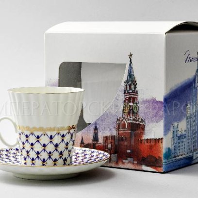 Чашка с блюдцем в подарочной коробке Москва «Кобальтовая сетка» 1/2 Форма: Одуванчик. Тонкостенный костяной фарфор. 175 мл.