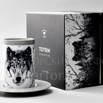 Бокал с блюдцем и крышкой в подарочной коробке Тотем. Волк