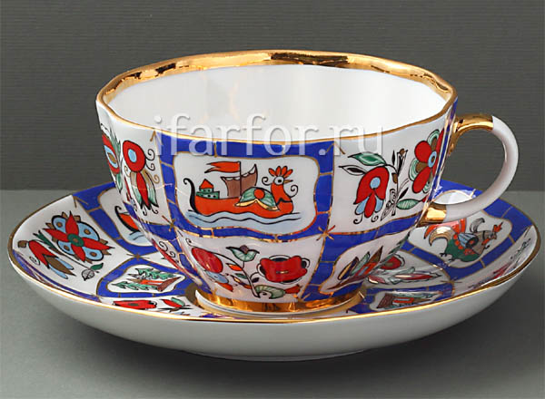 Чашка с блюдцем чайный Русский лубок Тюльпан