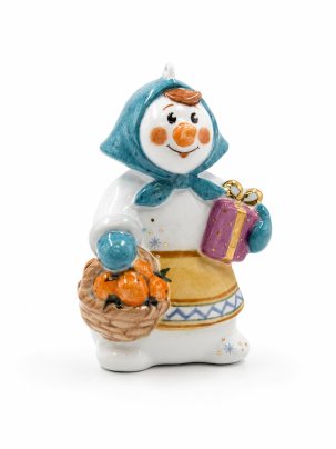 Елочная игрушка Снеговичка в бирюзовом платке 65 x 102 мм.