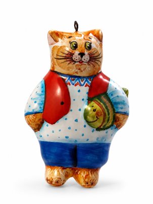 Елочная игрушка Кот с рыбкой 40 x 63 мм.