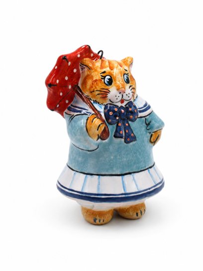 Елочная игрушка «Кошечка с зонтиком» Майолика. 67 x 115 мм.