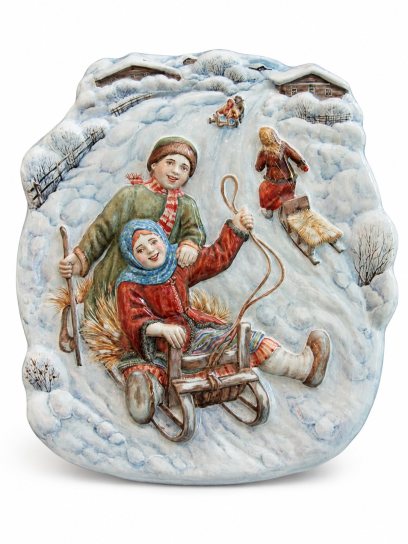 Плакетка «Рельеф Катание с гор» Майолика. 330 x 370 мм.