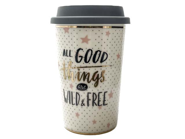 Термокружка «All good things are wild and free» 1/2 Форма: Royal Classics. Фарфор, силиконовая крышка. 127 мм.