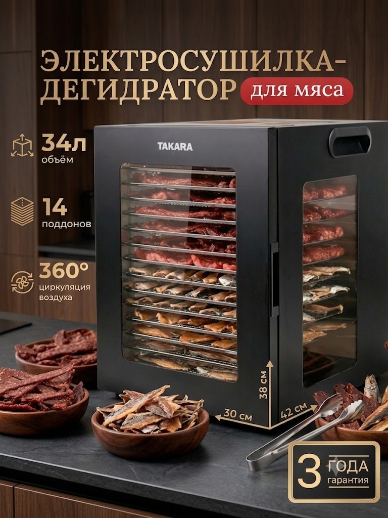 Сушилка для овощей и фруктов электрическая TAKARA DF-24 Дегидратор для мяса и рыбы, 14 поддонов, 34 л